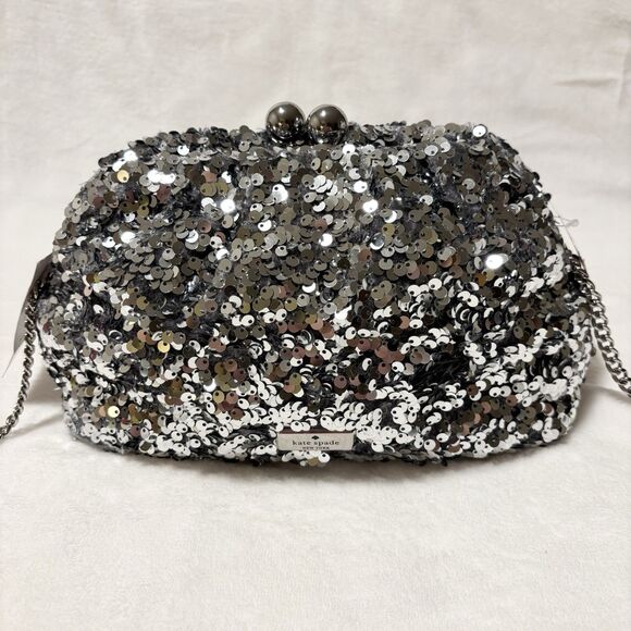Kate Spade New York K9355 Silver Sequin Scrunchy Convertible Clutch Purse NWT